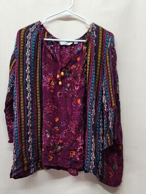 Indigo Purple Floral Boho Peasant Top with Multicolor Stripes